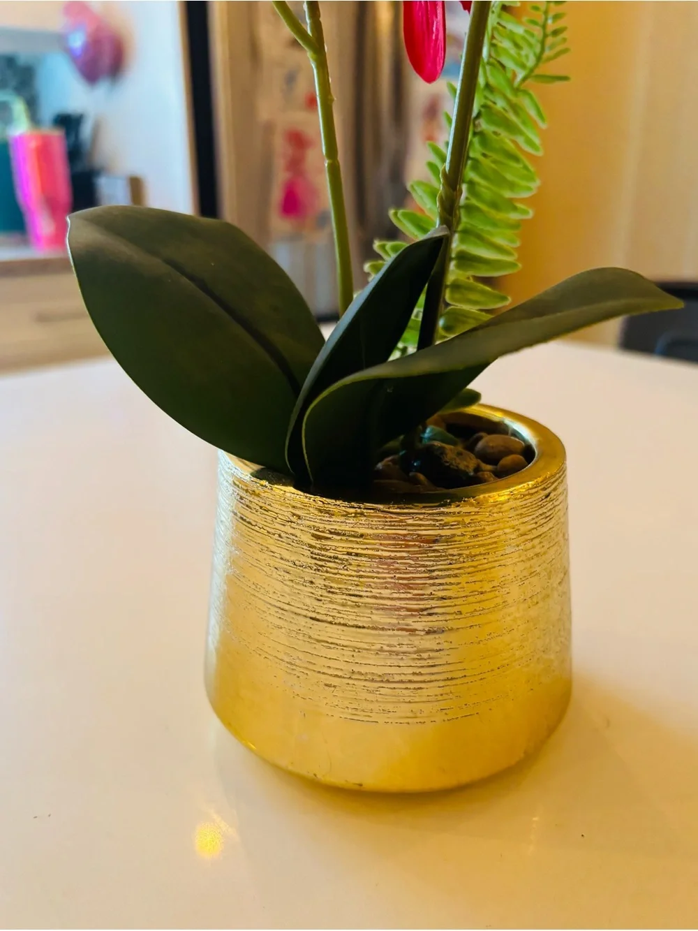 Red Artificial Orchid Arrangement in Gold Vase
